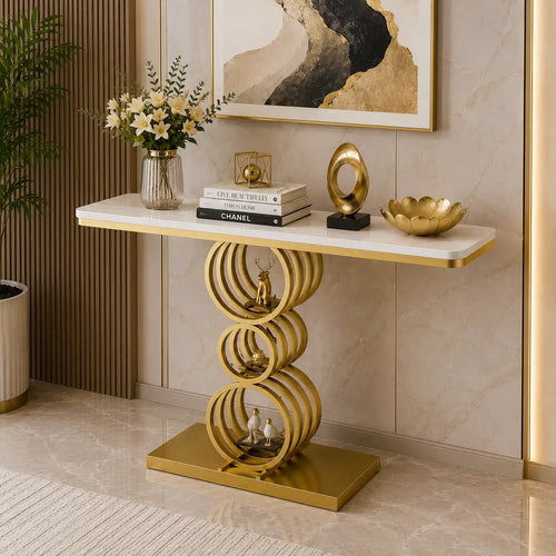 Artistic Triple Ring Gold Base Marble Console Table