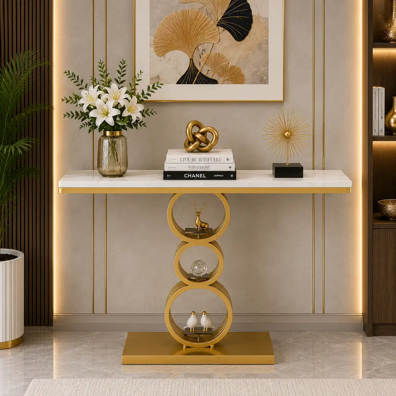 Artistic Triple Ring Gold Base Marble Console Table