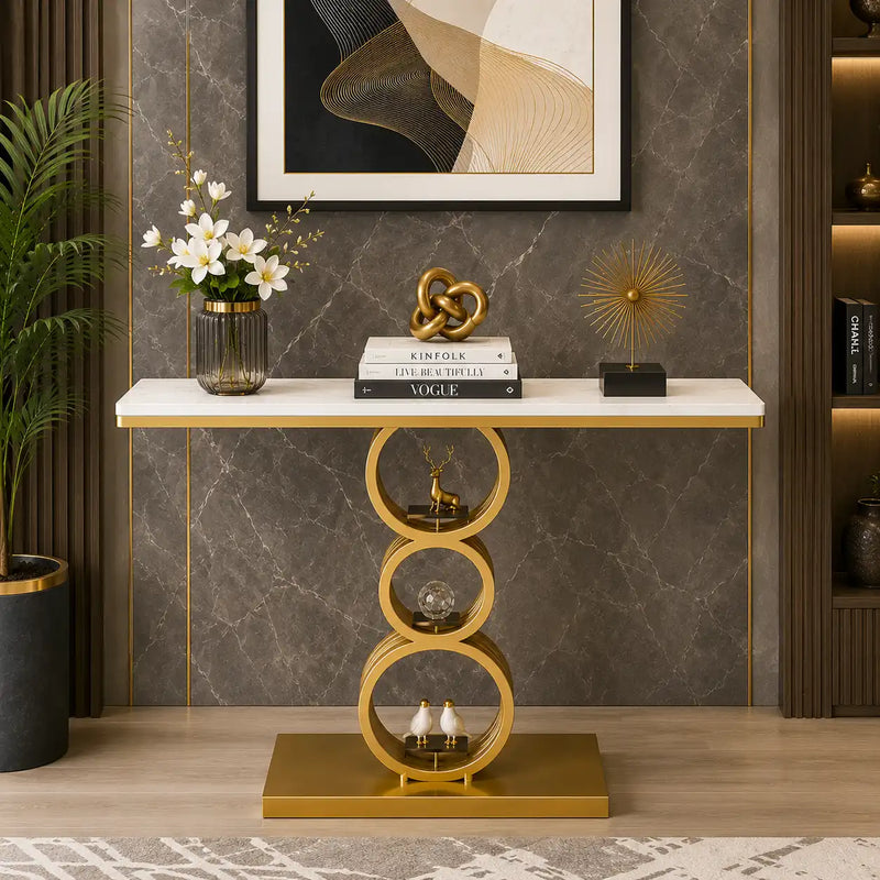 Artistic Triple Ring Gold Base Marble Console Table