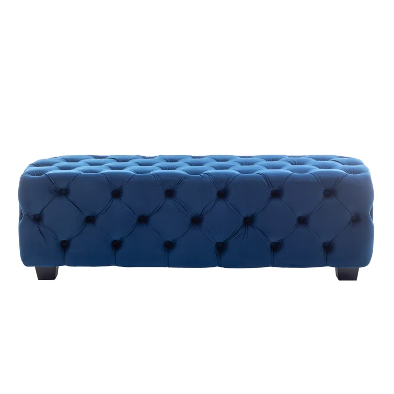 Artistic Tufted Blue Velvet Rectangular Ottoman