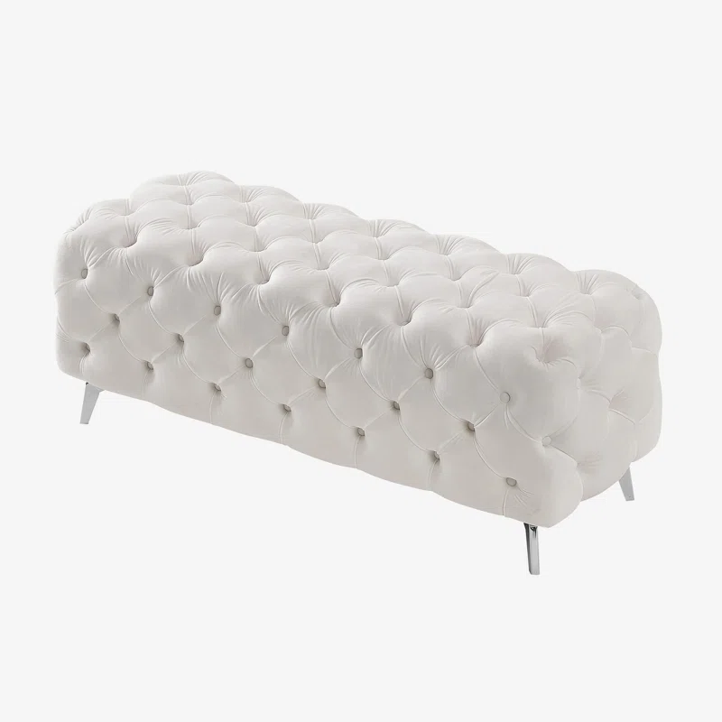 Artistic Tufted White Velvet Rectangular Ottoman