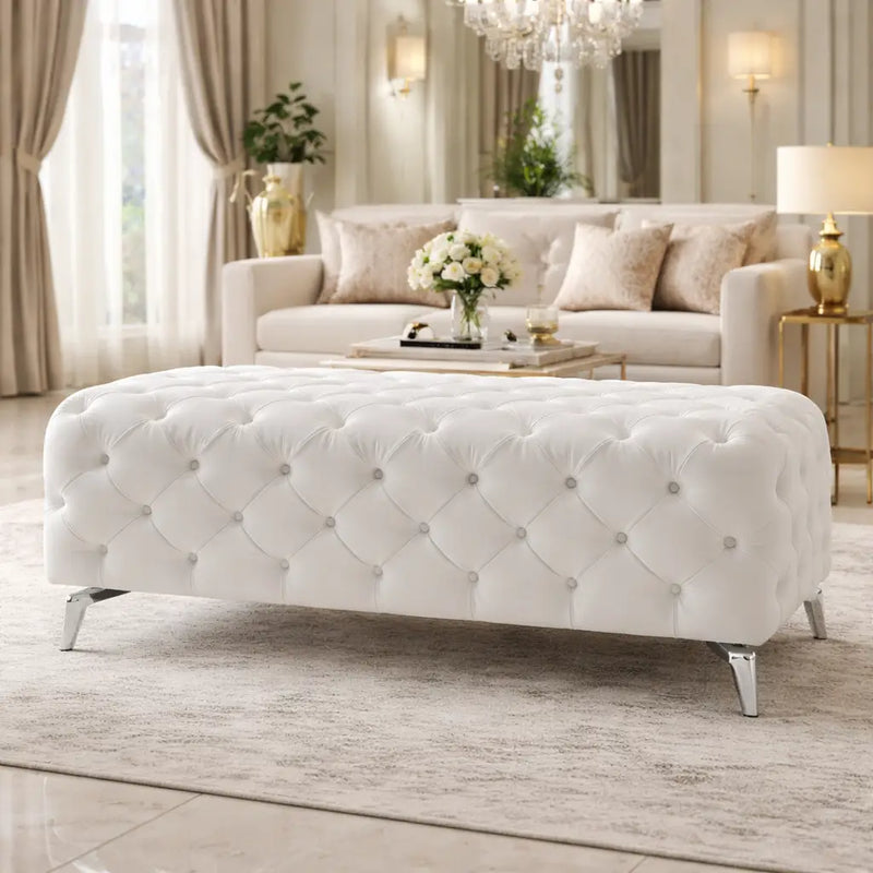 artistic-tufted-white-velvet-rectangular-ottoman