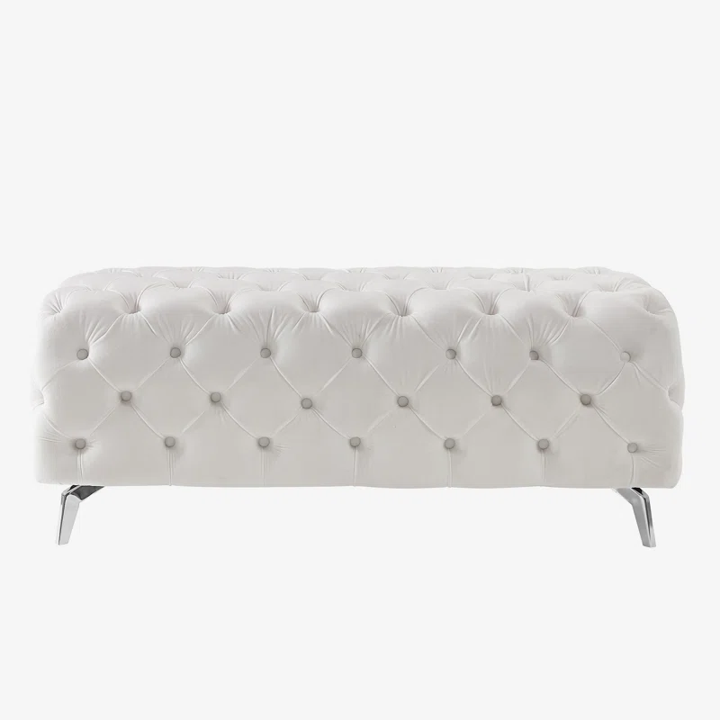 Artistic Tufted White Velvet Rectangular Ottoman