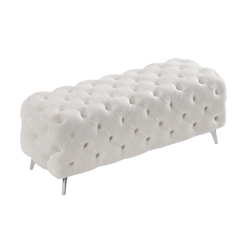 Artistic Tufted White Velvet Rectangular Ottoman