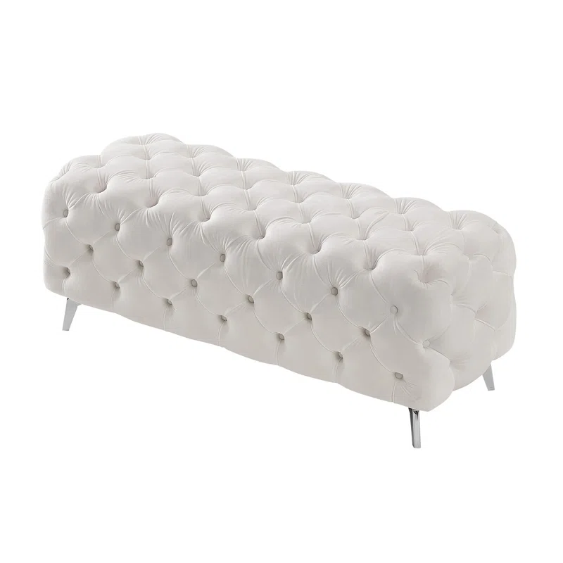 Artistic Tufted White Velvet Rectangular Ottoman