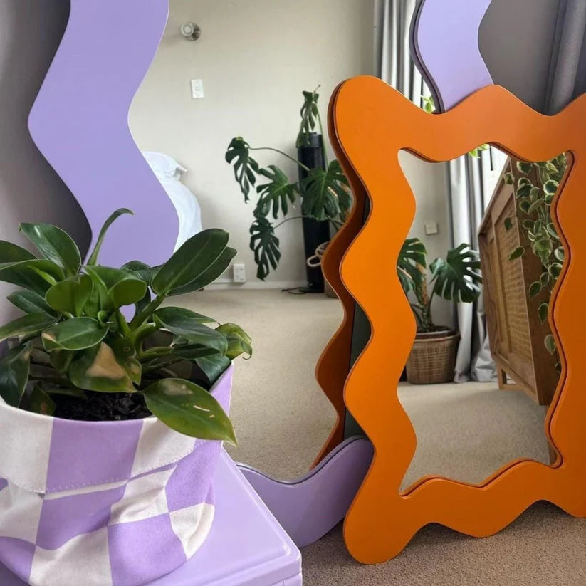 Artistic Wavy Edge Standing Mirror with Zigzag Frame