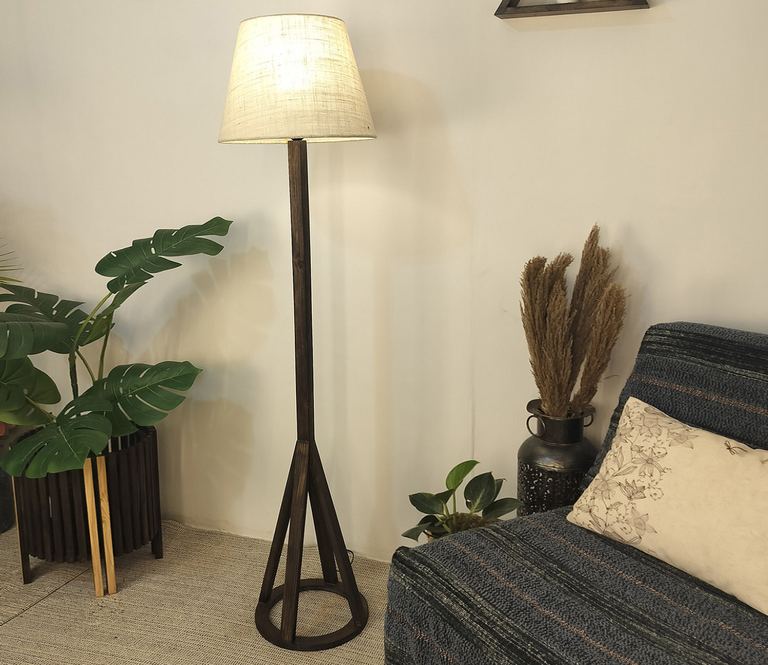 Artistic Wooden Floor Lamp with Premium Beige Fabric Lampshade