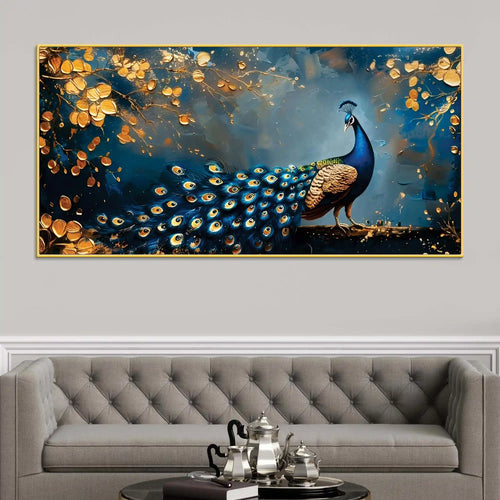 Astonishing Peacock in Golden Autumn Forest Canvas Wall Painting