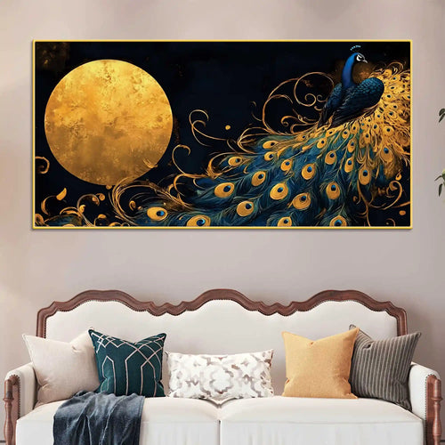 Astonishing Peacock Under a Radiant Golden Moon Canvas Wall Painting
