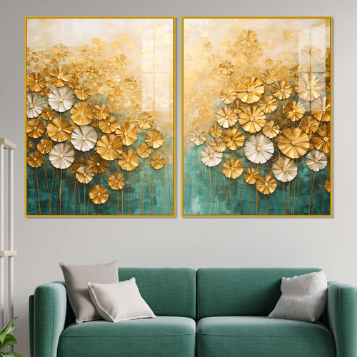 Astonishing White & Golden Bloom Garden Acrylic Floating Wall Painting Set of 2