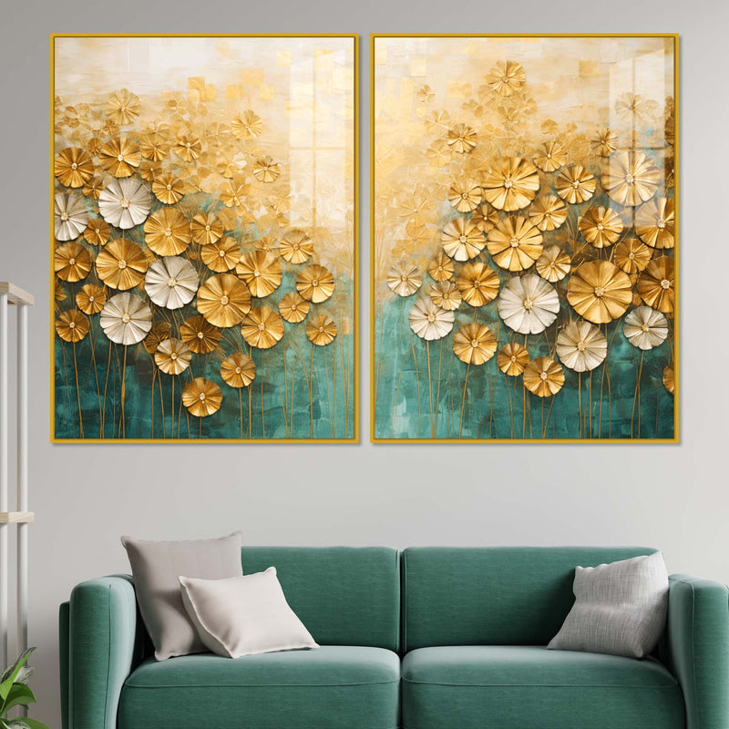 Astonishing White & Golden Bloom Garden Acrylic Floating Wall Painting Set of 2