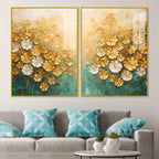 Astonishing White & Golden Bloom Garden Acrylic Floating Wall Painting Set of 2