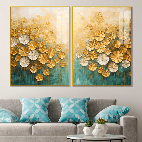 Astonishing White & Golden Bloom Garden Acrylic Floating Wall Painting Set of 2