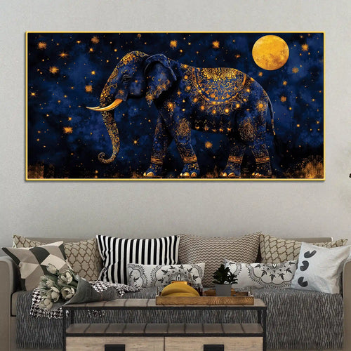 Astral Royal Blue Elephant Under Full Moon Blue Gold Luxury Wall Painting