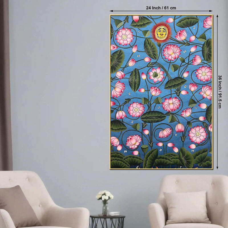 Attractive Lotus Flowers with Sun Face Pichwai Canvas Wall Painting