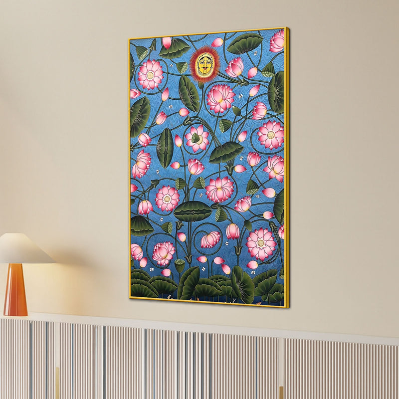 Attractive Lotus Flowers with Sun Face Pichwai Canvas Wall Painting