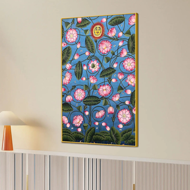 Attractive Lotus Flowers with Sun Face Pichwai Canvas Wall Painting