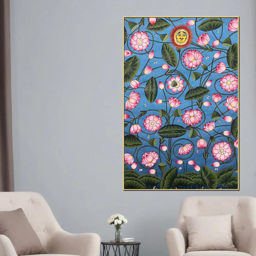 Attractive Lotus Flowers with Sun Face Pichwai Canvas Wall Painting