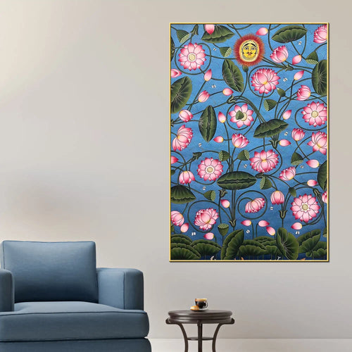 Attractive Lotus Flowers with Sun Face Pichwai Canvas Wall Painting