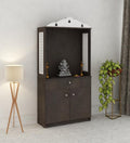 Attractive White Arch Design Dark Brown Finish Wooden Pooja Temple for Home & Office with Side Jali Panels & Drawer Cabinet Storage