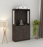 Attractive White Arch Design Dark Brown Finish Wooden Pooja Temple for Home & Office with Side Jali Panels & Drawer Cabinet Storage