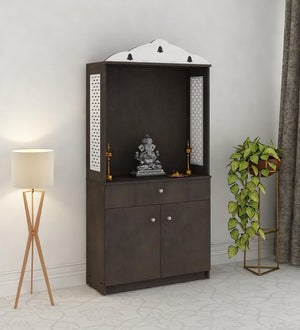 Attractive White Arch Design Dark Brown Finish Wooden Pooja Temple for Home & Office with Side Jali Panels & Drawer Cabinet Storage