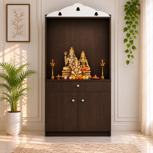 Attractive White Arch Design Dark Brown Finish Wooden Pooja Temple for Home & Office with Side Jali Panels & Drawer Cabinet Storage