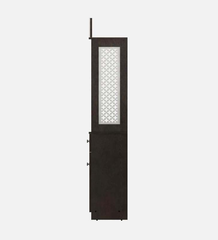 Attractive White Arch Design Dark Brown Finish Wooden Pooja Temple for Home & Office with Side Jali Panels & Drawer Cabinet Storage