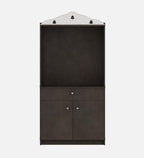 Attractive White Arch Design Dark Brown Finish Wooden Pooja Temple for Home & Office with Side Jali Panels & Drawer Cabinet Storage