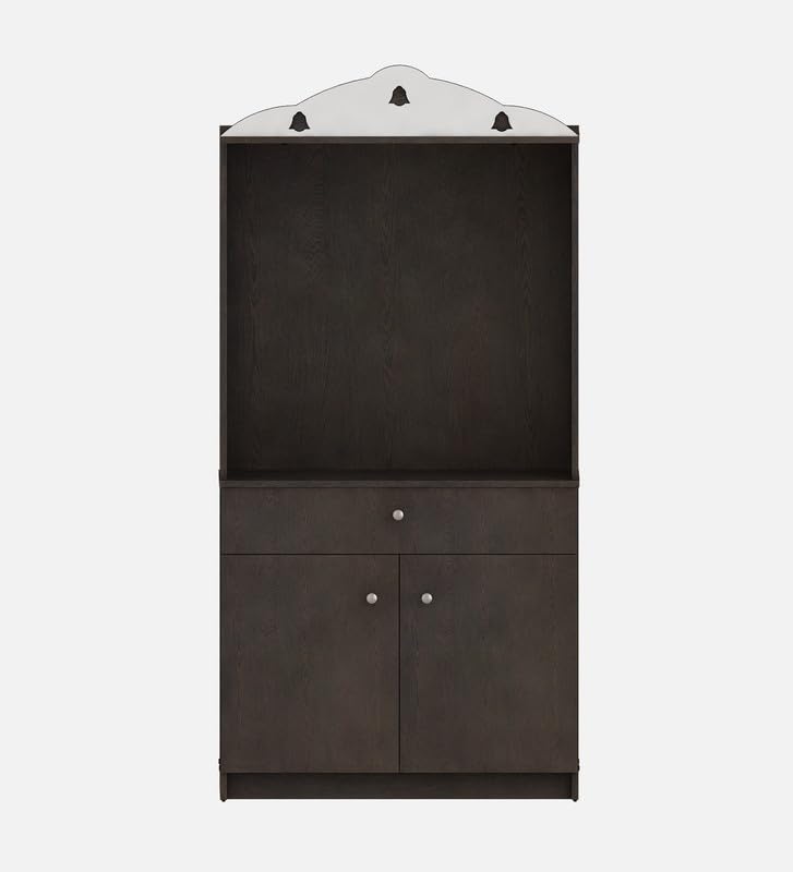 Attractive White Arch Design Dark Brown Finish Wooden Pooja Temple for Home & Office with Side Jali Panels & Drawer Cabinet Storage