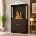 Attractive White Arch Design Dark Brown Finish Wooden Pooja Temple for Home & Office with Side Jali Panels & Drawer Cabinet Storage
