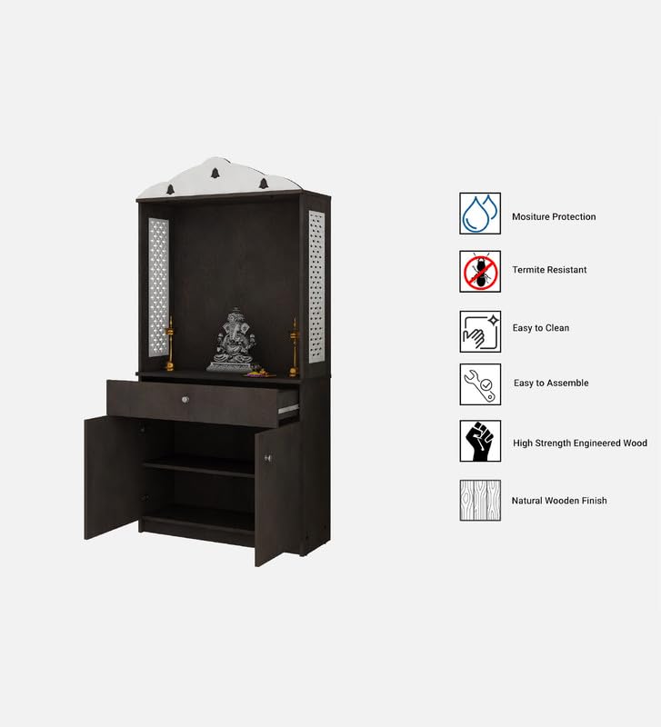 Attractive White Arch Design Dark Brown Finish Wooden Pooja Temple for Home & Office with Side Jali Panels & Drawer Cabinet Storage