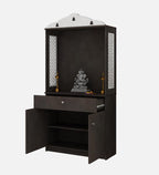 Attractive White Arch Design Dark Brown Finish Wooden Pooja Temple for Home & Office with Side Jali Panels & Drawer Cabinet Storage