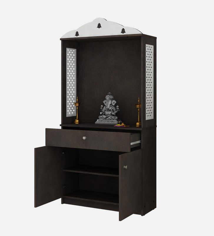Attractive White Arch Design Dark Brown Finish Wooden Pooja Temple for Home & Office with Side Jali Panels & Drawer Cabinet Storage