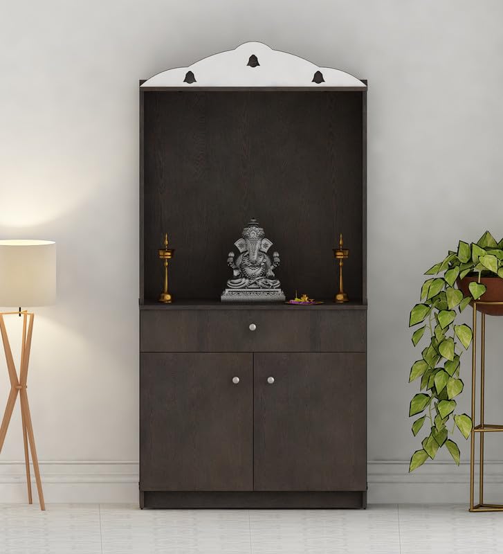 Attractive White Arch Design Dark Brown Finish Wooden Pooja Temple for Home & Office with Side Jali Panels & Drawer Cabinet Storage