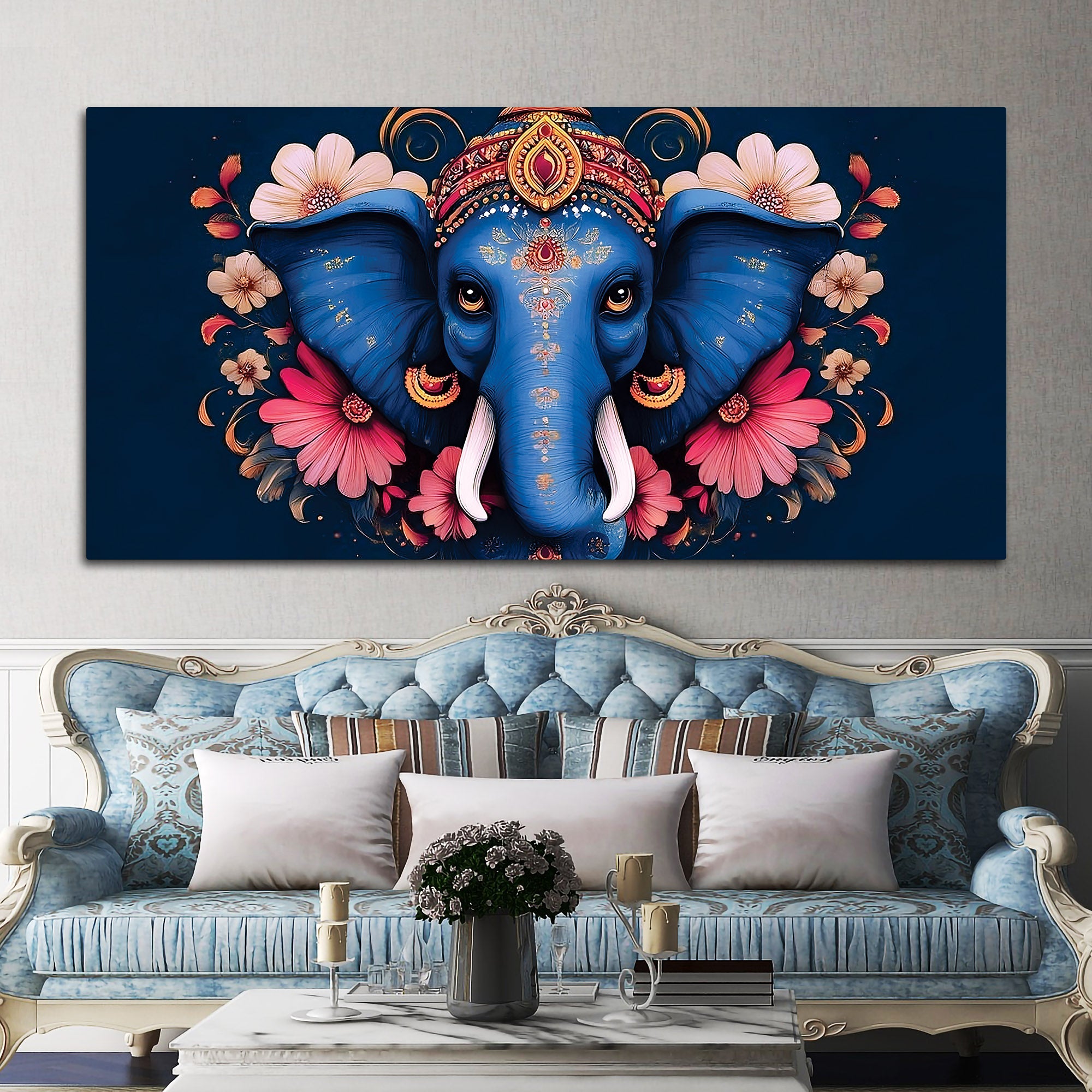 Auspicious Blue Lord Ganesha Adorned With Flowers Traditional Folk Art Style Canvas Wall Painting For Home & Office Spaces