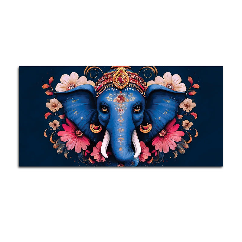 Auspicious Blue Lord Ganesha Adorned With Flowers Traditional Folk Art Style Canvas Wall Painting For Home & Office Spaces