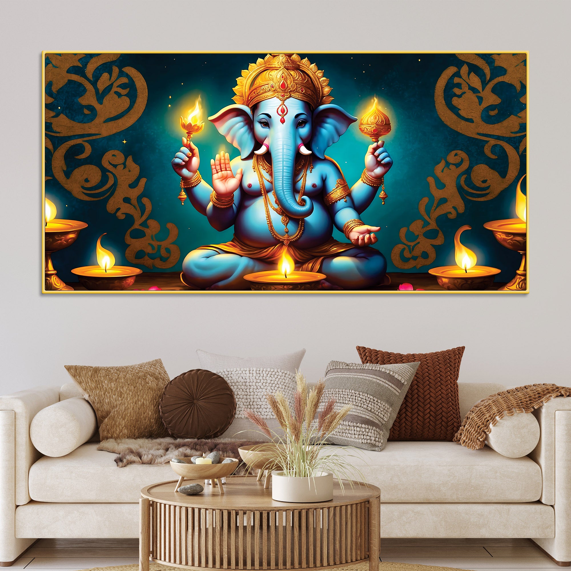 Auspicious Blue Lord Ganesha Sitted with Diyas Aesthetic Canvas Wall Painting for Home & Office Decor – Modern Devotional Wall Art