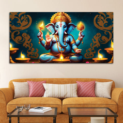 Auspicious Blue Lord Ganesha Sitted with Diyas Aesthetic Canvas Wall Painting for Home & Office Decor – Modern Devotional Wall Art