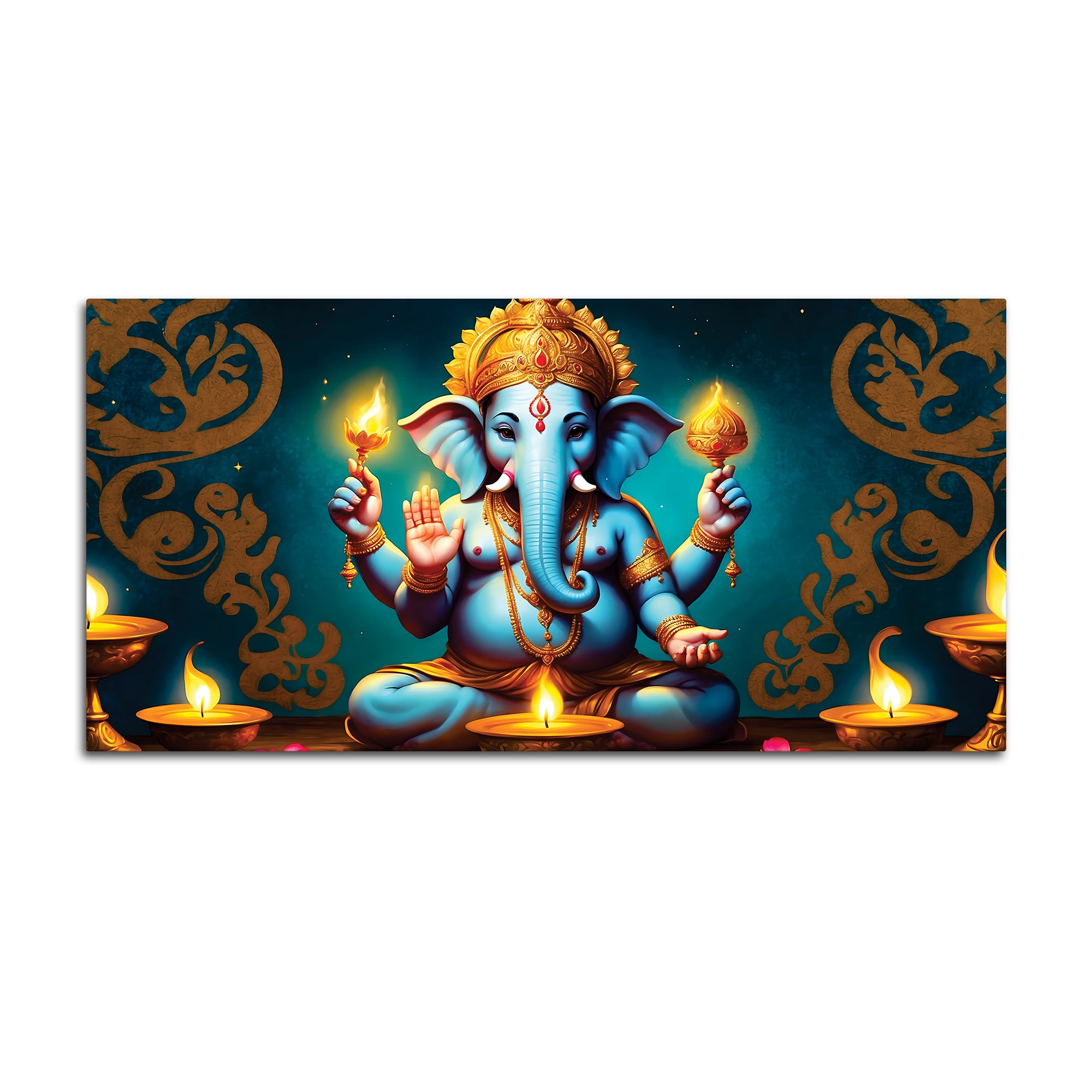 Auspicious Blue Lord Ganesha Sitted with Diyas Aesthetic Canvas Wall Painting for Home & Office Decor – Modern Devotional Wall Art