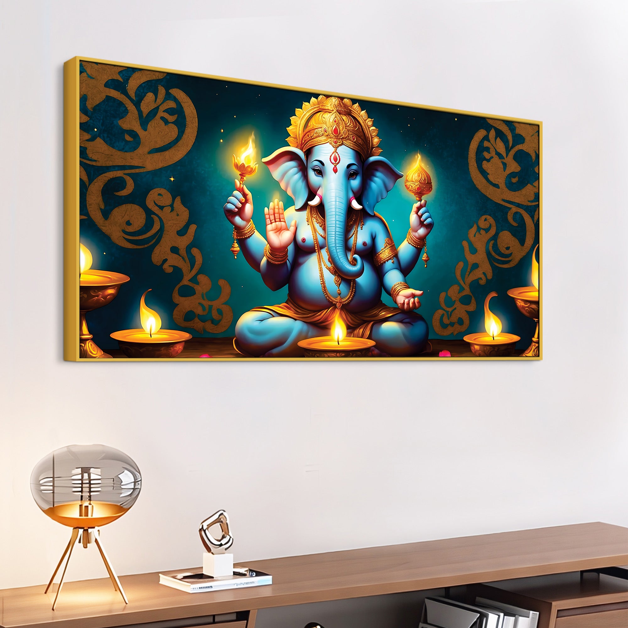 Auspicious Blue Lord Ganesha Sitted with Diyas Aesthetic Canvas Wall Painting for Home & Office Decor – Modern Devotional Wall Art