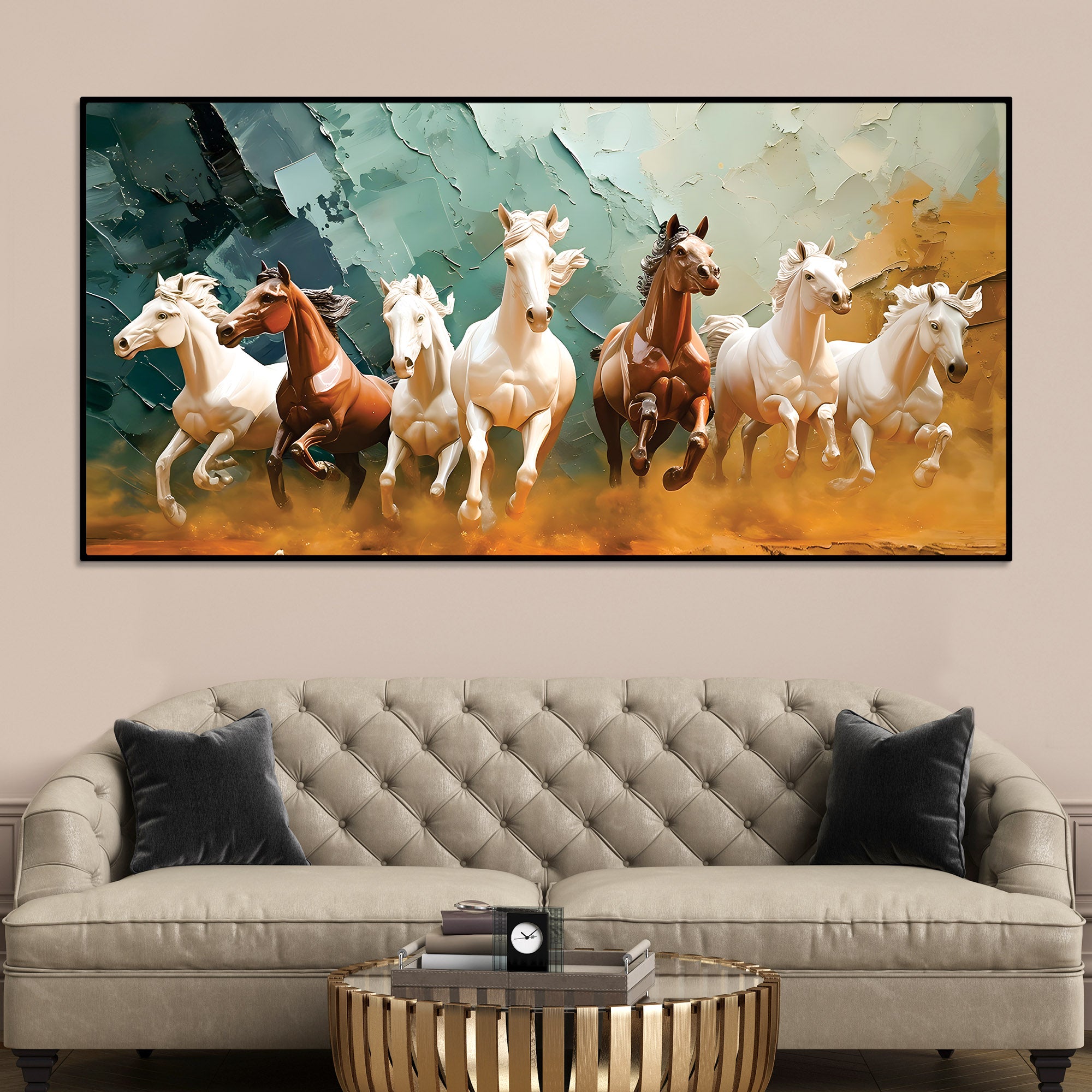 Auspicious Canvas wall Painting of Seven Running Horses