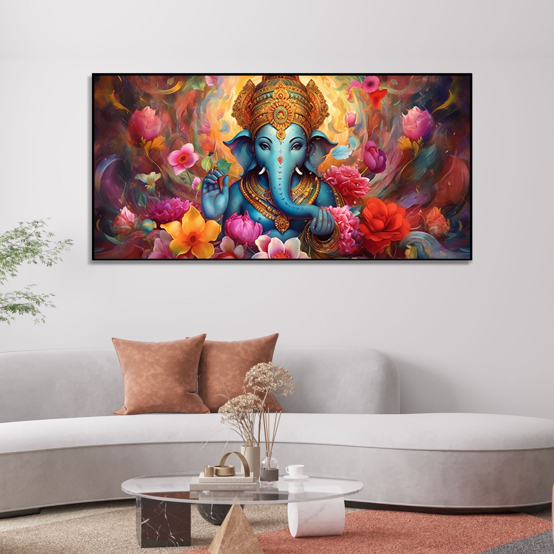 Auspicious Ganpati Floral Premium Canvas Wall Painting