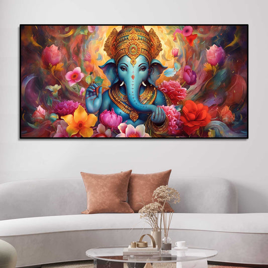 Auspicious Ganpati Floral Premium Canvas Wall Painting