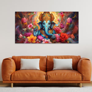 Auspicious Ganpati Floral Premium Canvas Wall Painting