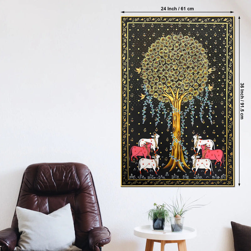 Auspicious Group of Cow Beneath Golden Tree Canvas Wall Painting