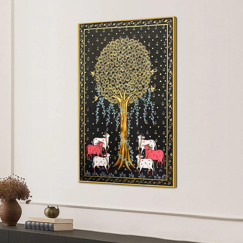 Auspicious Group of Cow Beneath Golden Tree Canvas Wall Painting