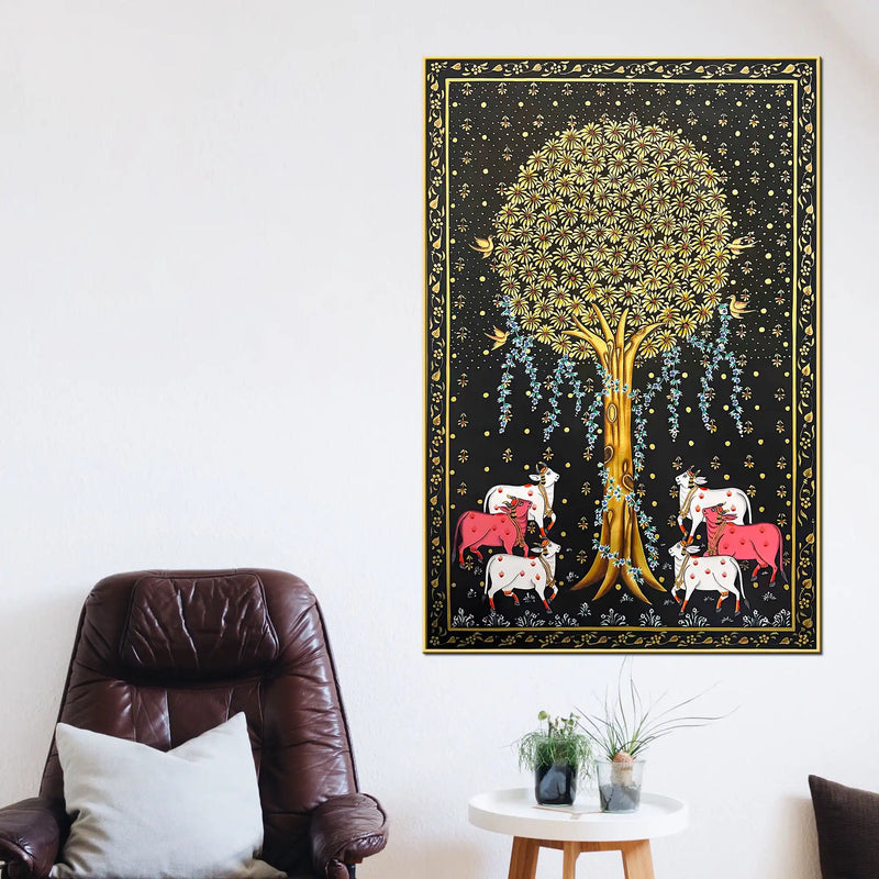 Auspicious Group of Cow Beneath Golden Tree Canvas Wall Painting
