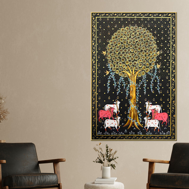 Auspicious Group of Cow Beneath Golden Tree Canvas Wall Painting