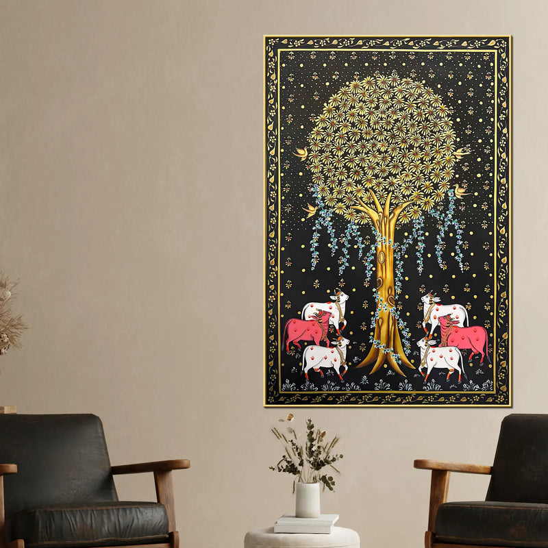 Auspicious Group of Cow Beneath Golden Tree Canvas Wall Painting